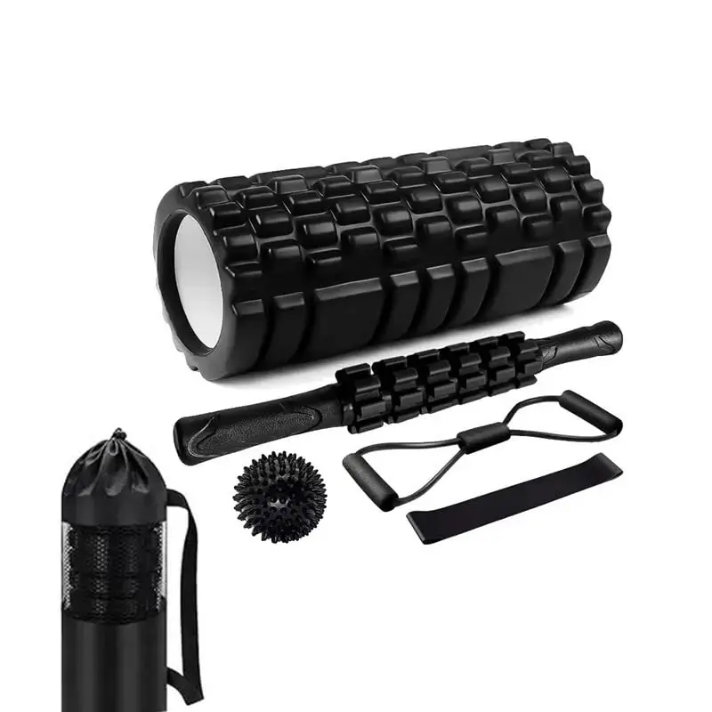 Kit 5 em 1 de Rolo de Massagem para Tecidos Profundos, Conjunto de Fitness de Alta Densidade com Rolo de Espuma, Bastão Massageador, Tensionador, Bola e Faixa Elástica para o Corpo Inteiro (Preto)