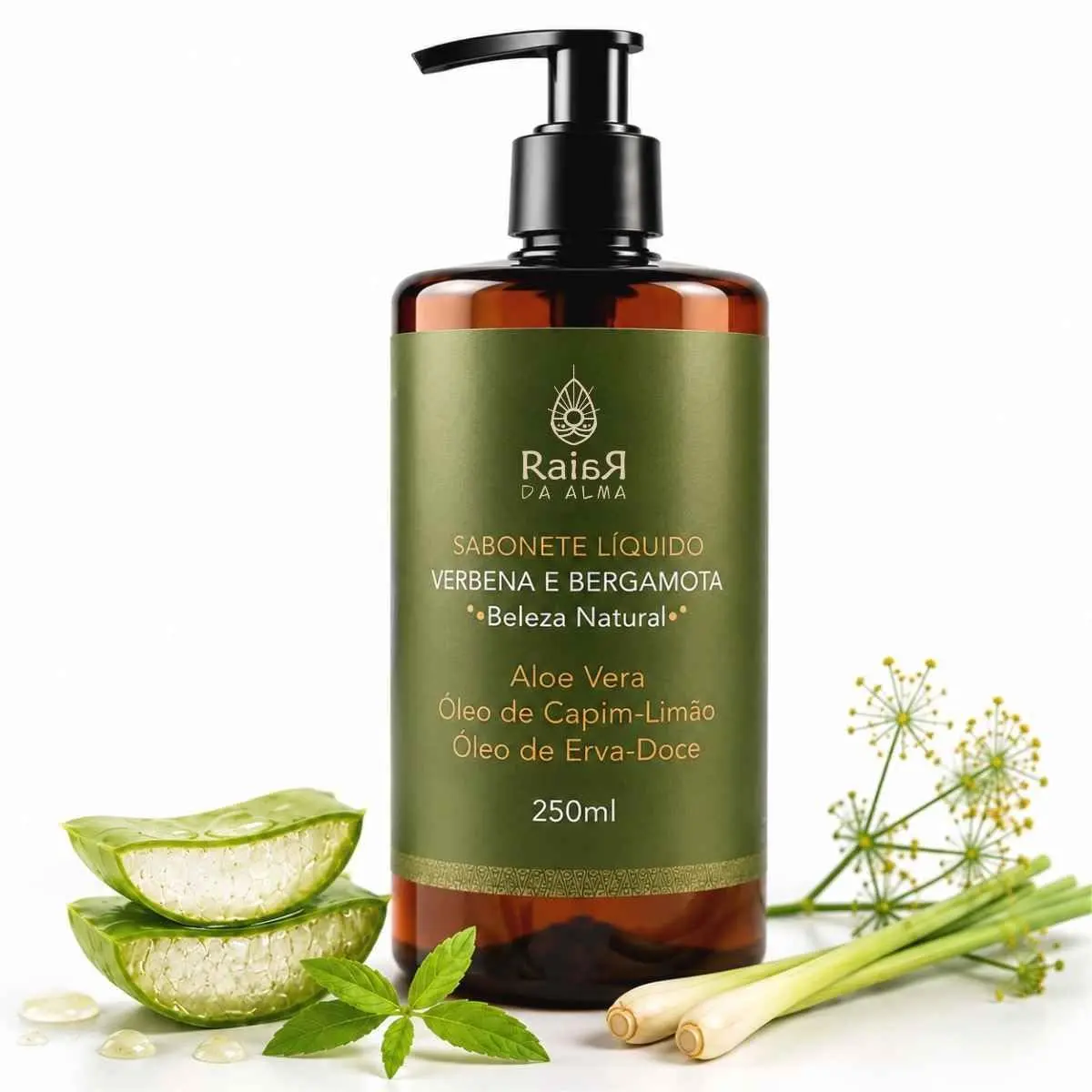 RAIAR DA ALMA Sabonete Líquido Natural Vegano Verbena e Bergamota, com Óleo de Capim Limão, Óleo Erva-doce e Babosa 250ml