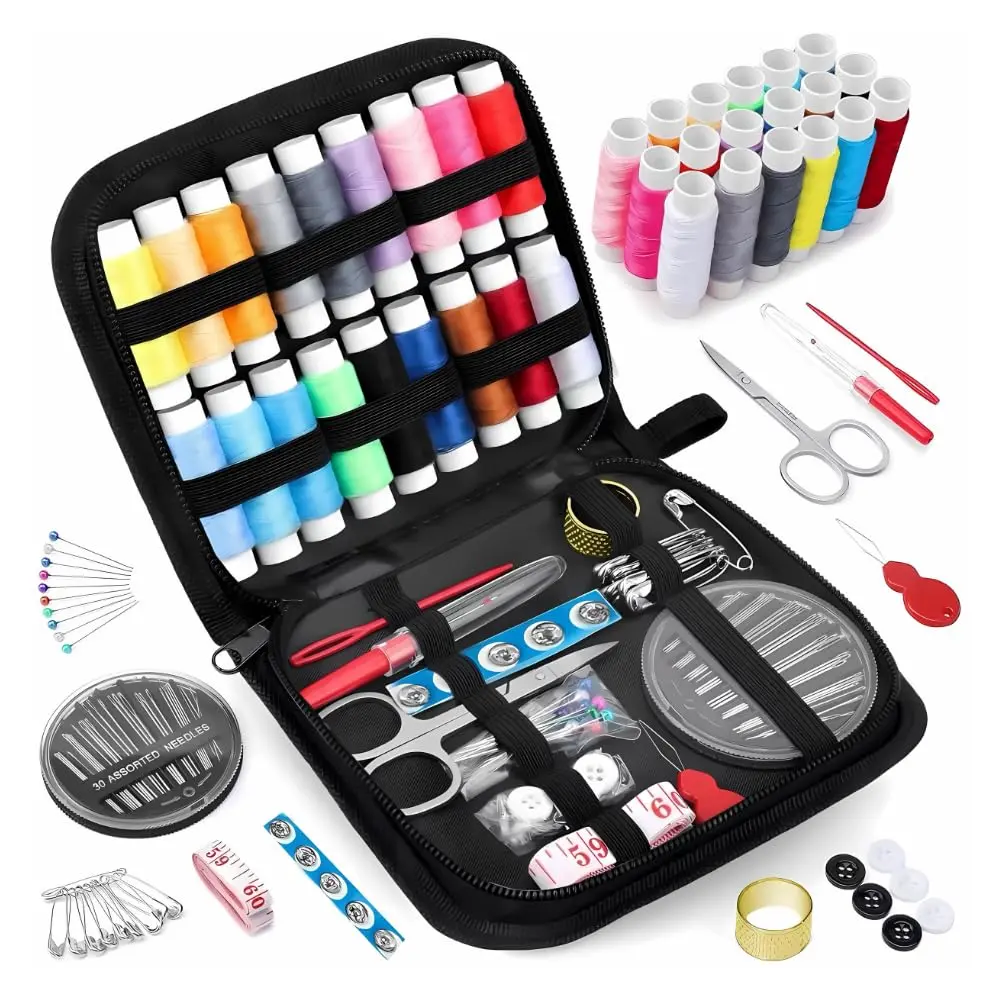 Kit de Costura Completo com 96 Peças Estojo Portátil com Alça, Linhas Coloridas, Tesoura, Agulha, Fita Métrica, Dedal, Botões e Acessórios Ideal para Viagem, Casa e Emergências