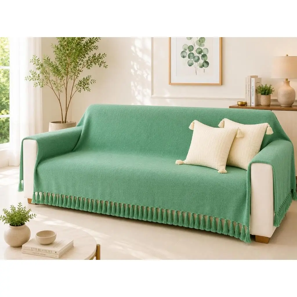 Manta para Sofá Gigante 4,00x1,70 XGG Algodão Macia com Franjas Decoração de Sala(Verde agua 4 metros)