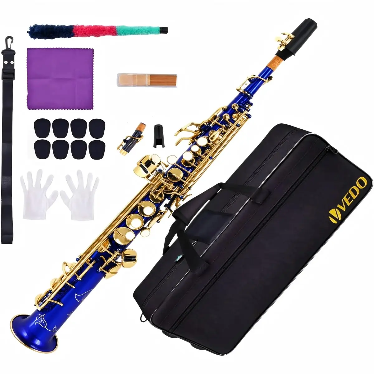 VEDO Saxofone Soprano reto em Si bemol, para iniciantes e intermediários, com estojo, boquilha, palhetas, kit de limpeza, cinta e luvas.