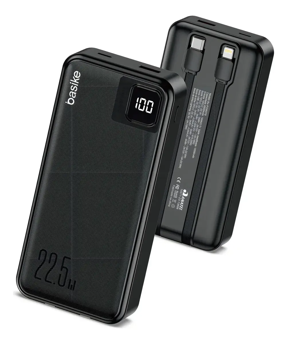 Power Bank Basike 20000mAh Preto, Carga Rápida 22.5W para iPhone e Samsung, Com Cabos Embutidos e Display - 1