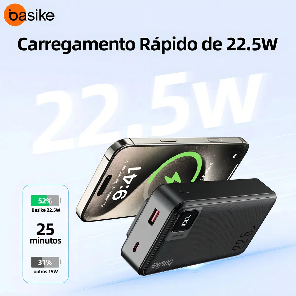Power Bank Basike 20000mAh Preto, Carga Rápida 22.5W para iPhone e Samsung, Com Cabos Embutidos e Display thumbnail 2