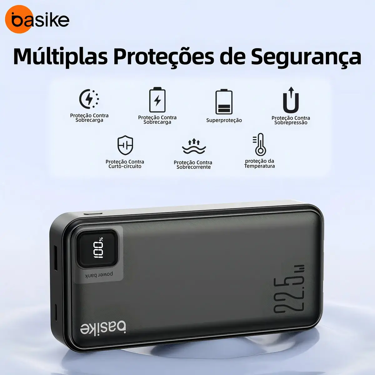 Power Bank Basike 20000mAh Preto, Carga Rápida 22.5W para iPhone e Samsung, Com Cabos Embutidos e Display thumbnail 3