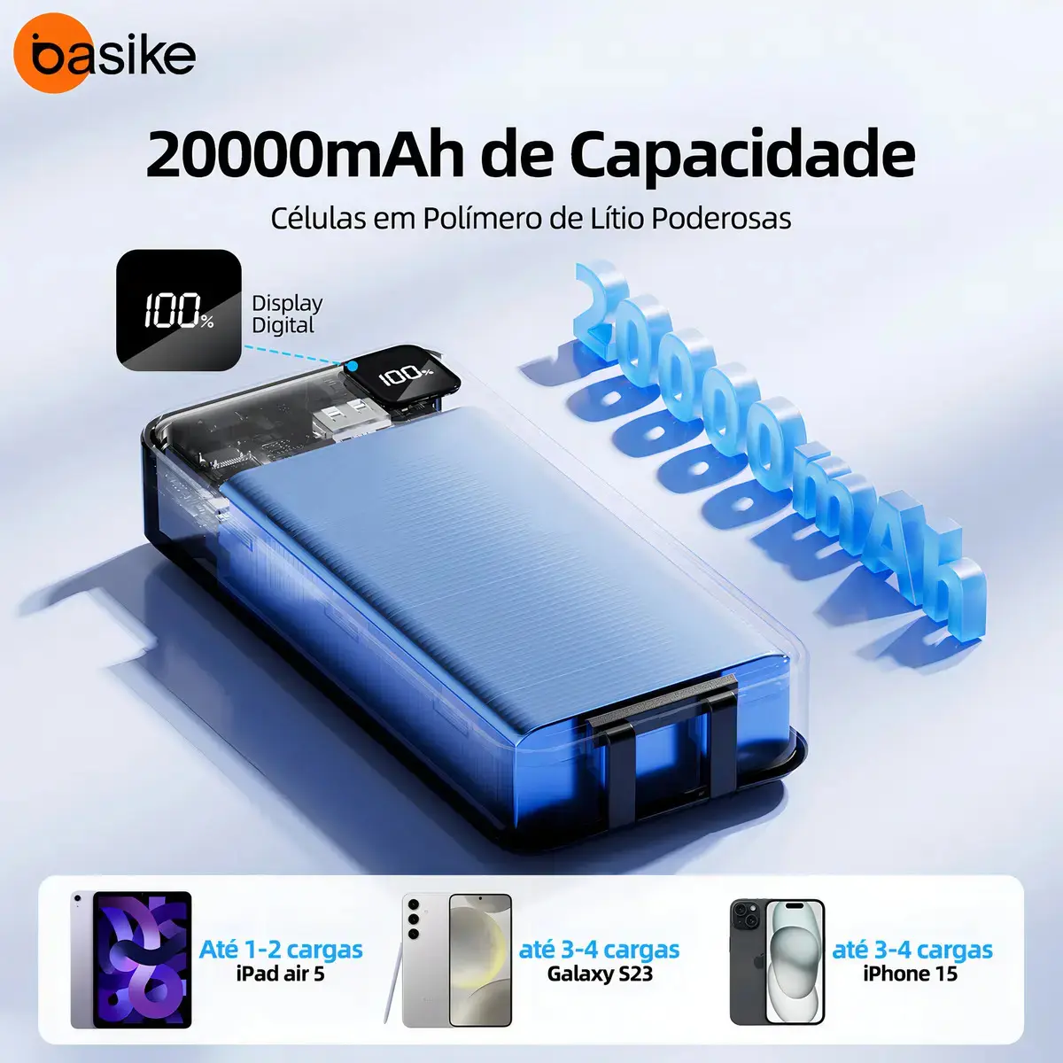 Power Bank Basike 20000mAh Preto, Carga Rápida 22.5W para iPhone e Samsung, Com Cabos Embutidos e Display thumbnail 4