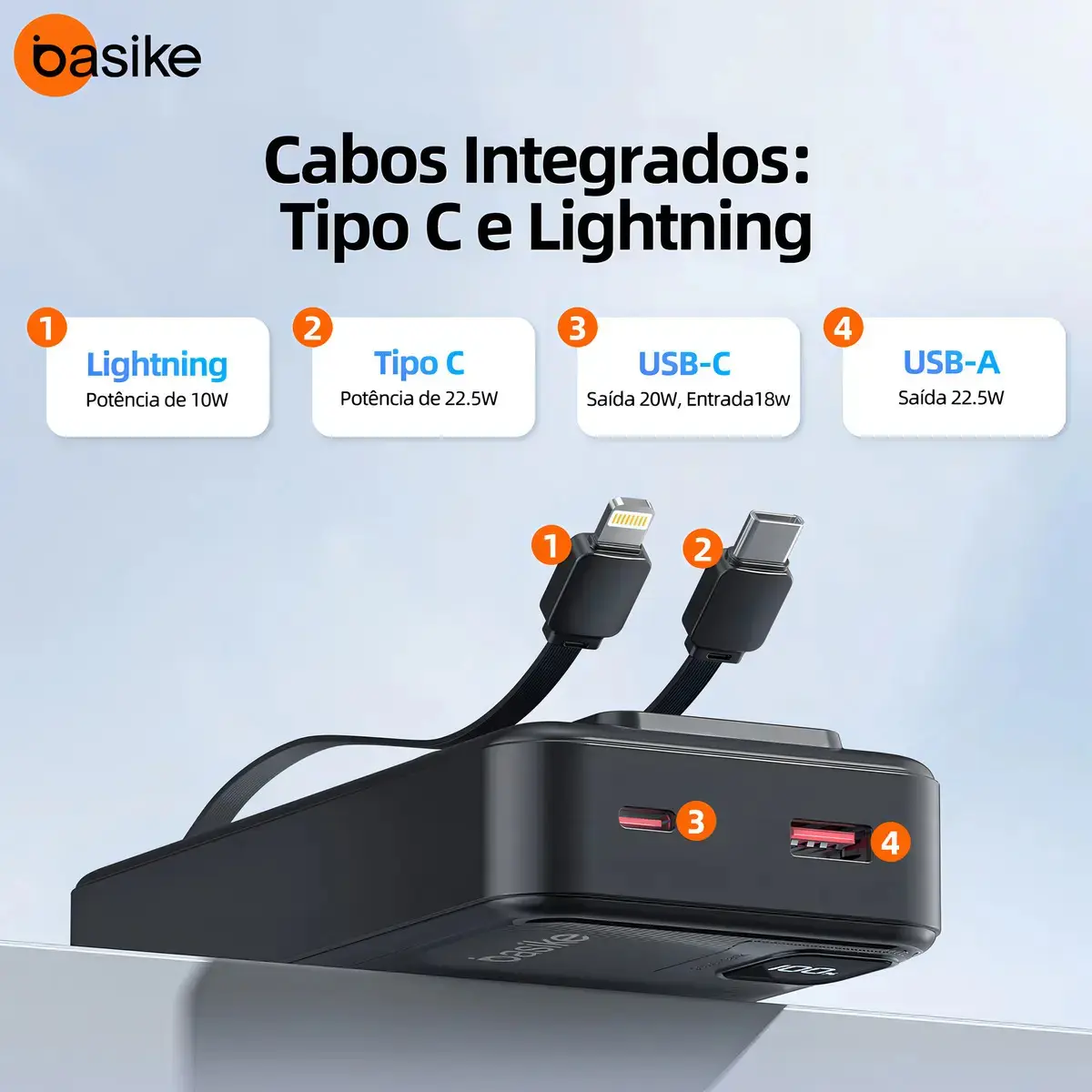 Power Bank Basike 20000mAh Preto, Carga Rápida 22.5W para iPhone e Samsung, Com Cabos Embutidos e Display thumbnail 5