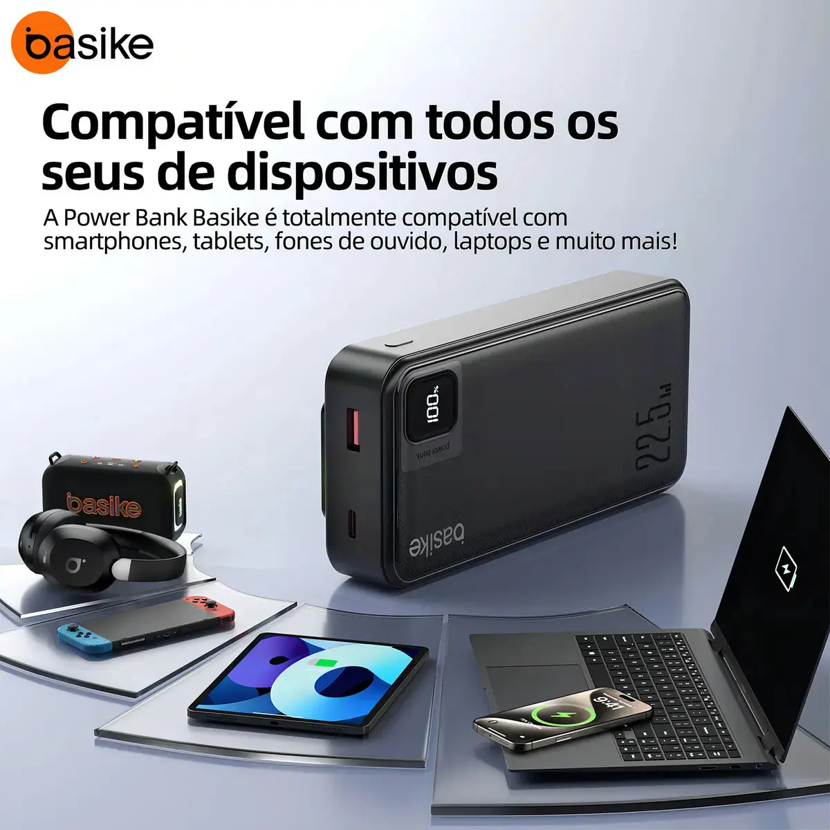 Power Bank Basike 20000mAh Preto, Carga Rápida 22.5W para iPhone e Samsung, Com Cabos Embutidos e Display thumbnail 6