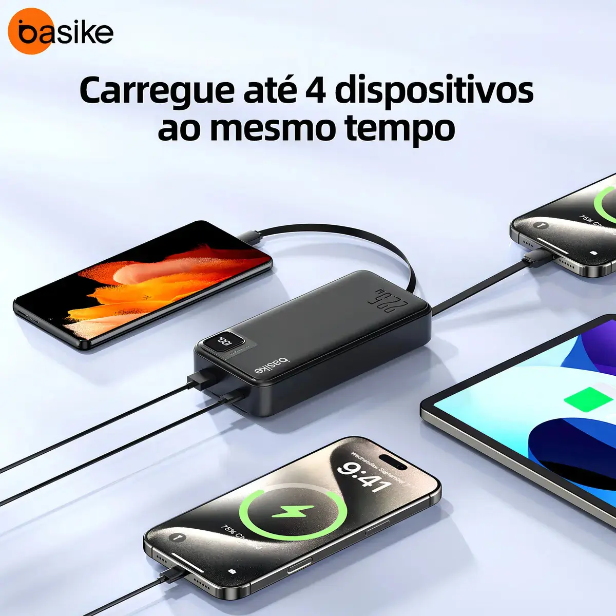 Power Bank Basike 20000mAh Preto, Carga Rápida 22.5W para iPhone e Samsung, Com Cabos Embutidos e Display thumbnail 7