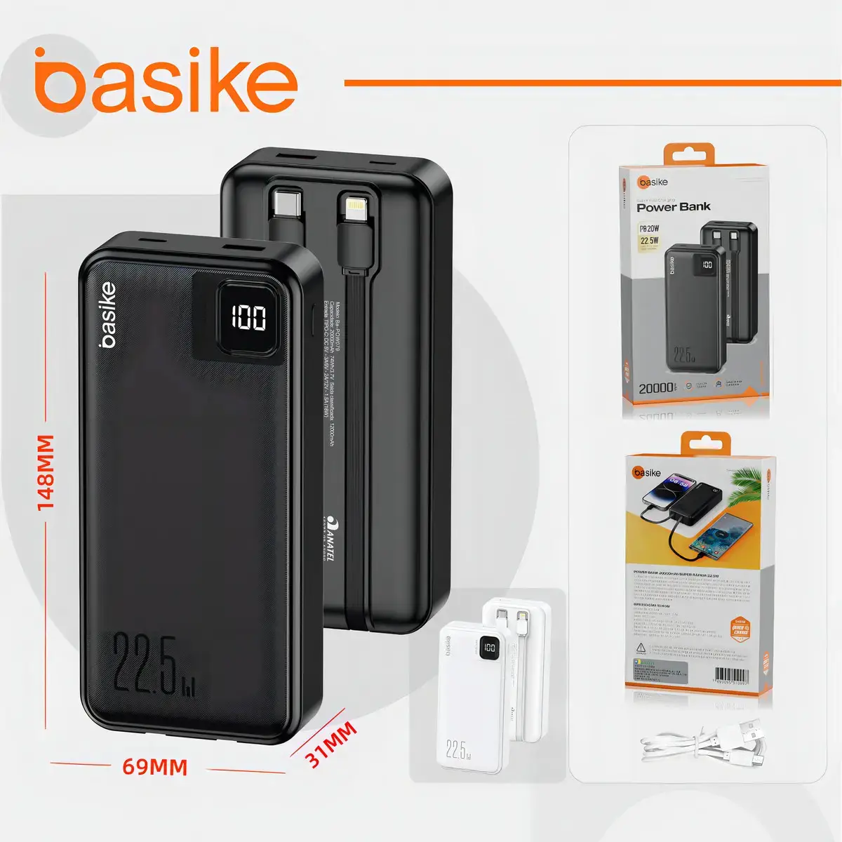 Power Bank Basike 20000mAh Preto, Carga Rápida 22.5W para iPhone e Samsung, Com Cabos Embutidos e Display thumbnail 8