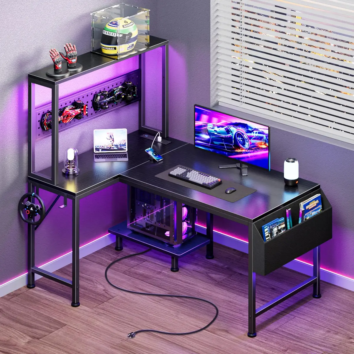 PRAISUN Mesa de jogos em forma de L com luzes LED e tomadas elétricas | Mesa de computador reversível com prateleiras e bolsa de armazenamento, mesa de escritório em casa de canto pequena com placa