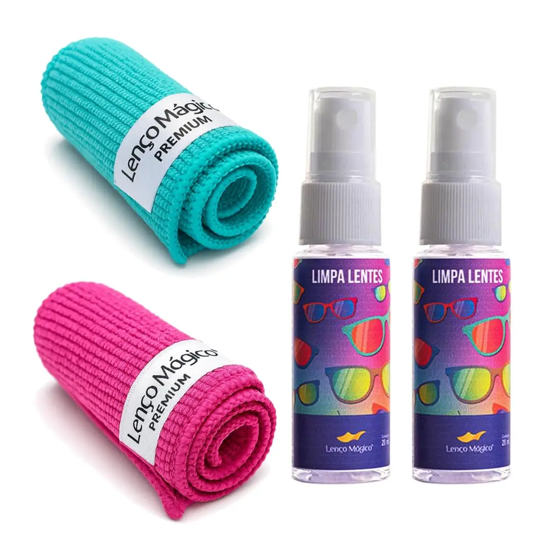 Lenço Mágico - Kit Limpeza Completa - 2 Lenços Premium 15x15cm e 2 Sprays ECO Limpa Lentes 20ml Limpa Óculos Celular Câmera Notebook Telas Microfibra Antibacteriano Lavável - 1