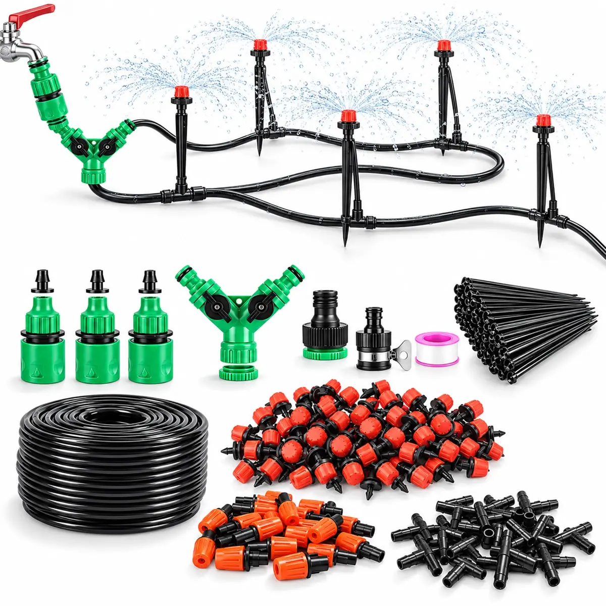 Kit de Irrigação Automática 180 Peças 50m com Bicos Ajustáveis para Jardim Horta Sistema de Gotejamento e Neblina