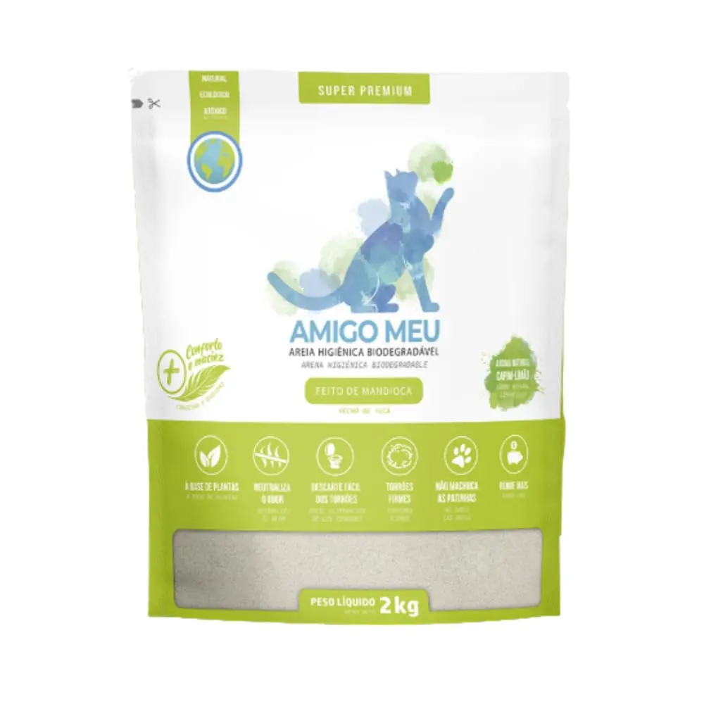 Areia Higiênica para Gatos Amigo Meu, Biodegradável, 2kg | Grãos Finos, Capim-limão