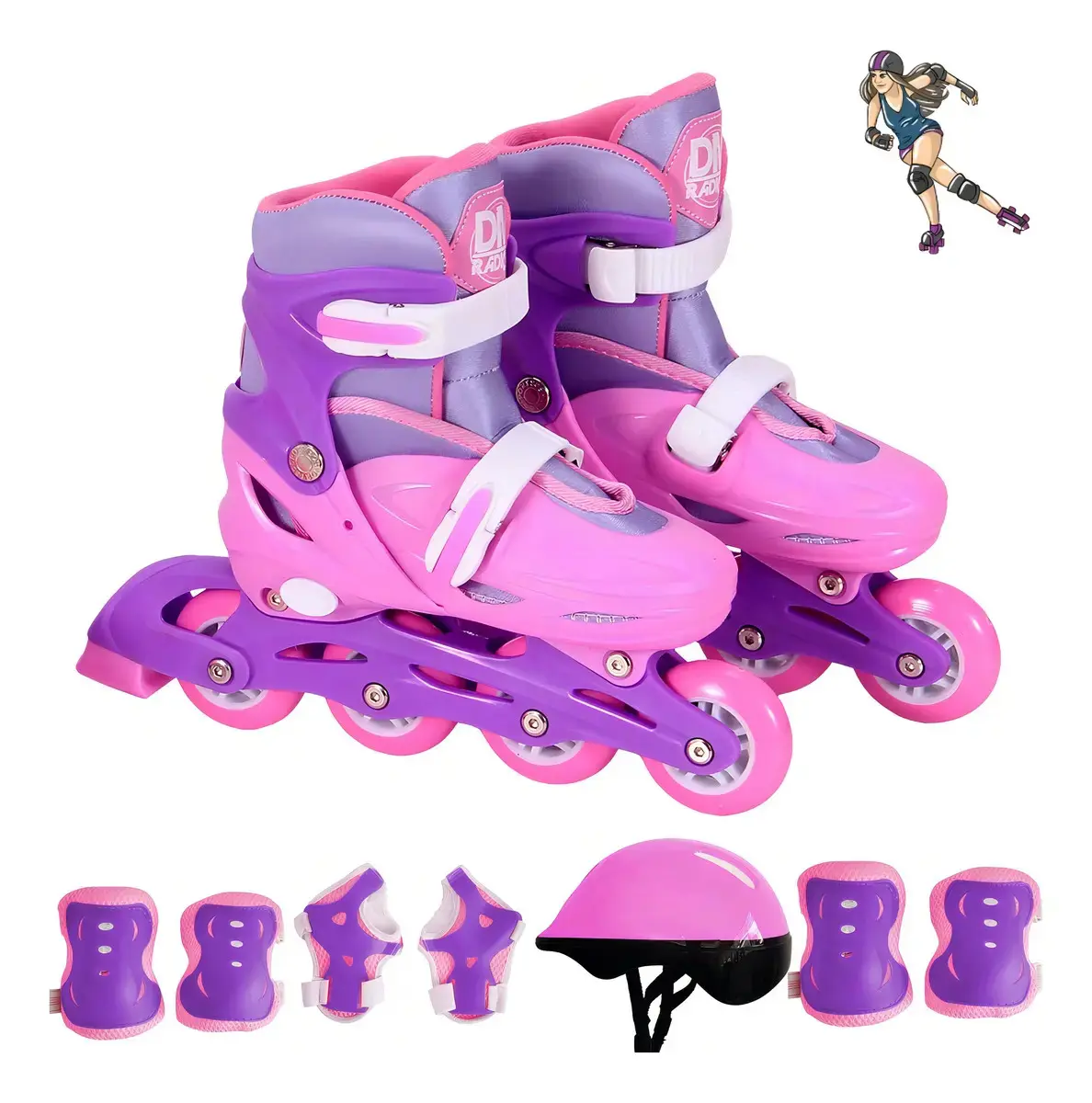 Patins Inline Infantil DM Toys Ajustável 34-37 Rosa com Kit Proteção