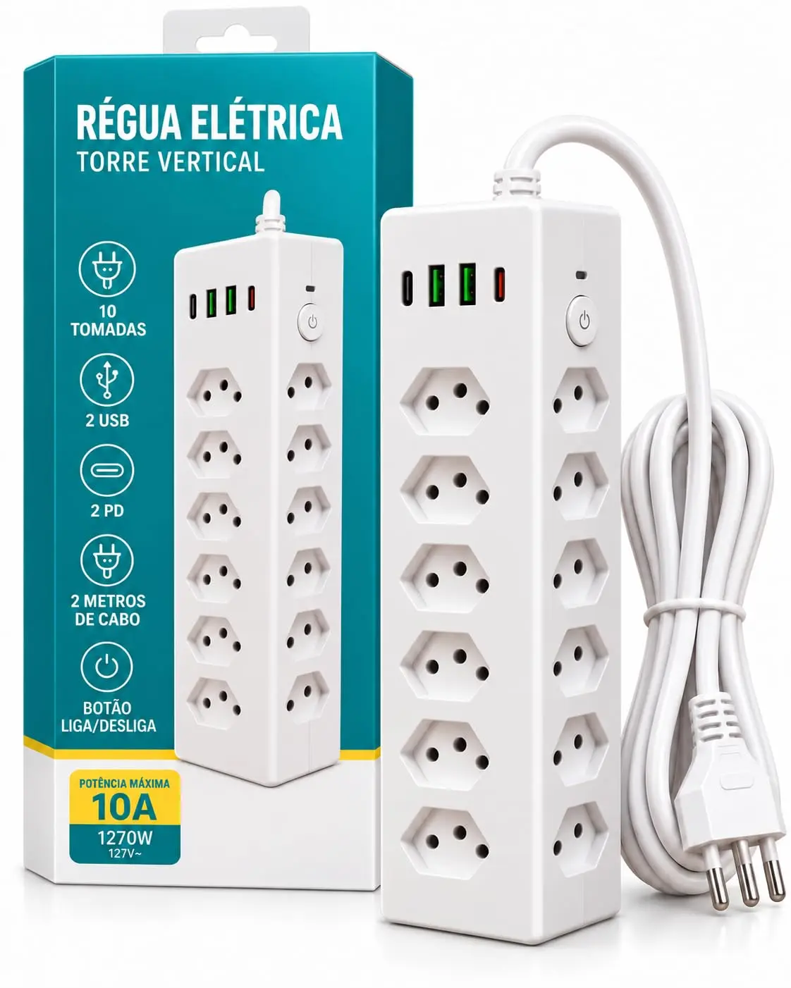 Extensão Elétrica 10 Tomadas, Régua Vertical Branca, 2 Portas USB, 2 Portas PD/USB-C, Cabo de 2 Metros, Botão Liga e Desliga, Plugue Brasileiro de 3 Pinos