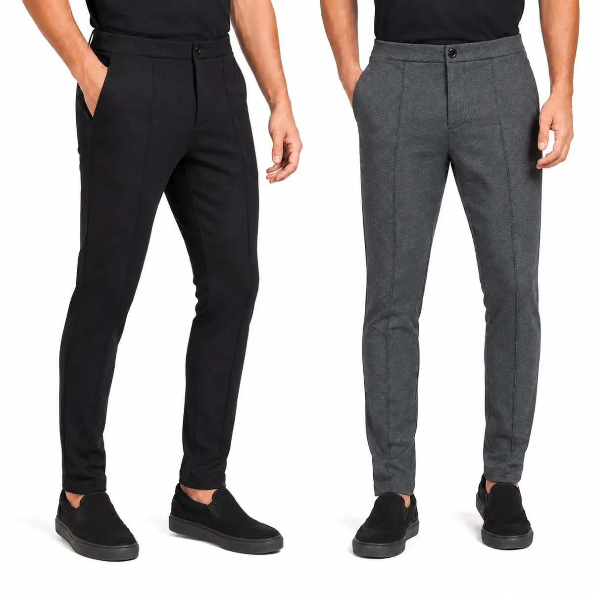 Kit 2 Calças Alfaiataria Masculina Skinny Social Bolsos Funcionais Moletinho Hibrido Botão Frontal Decorativo Poliéster Macio