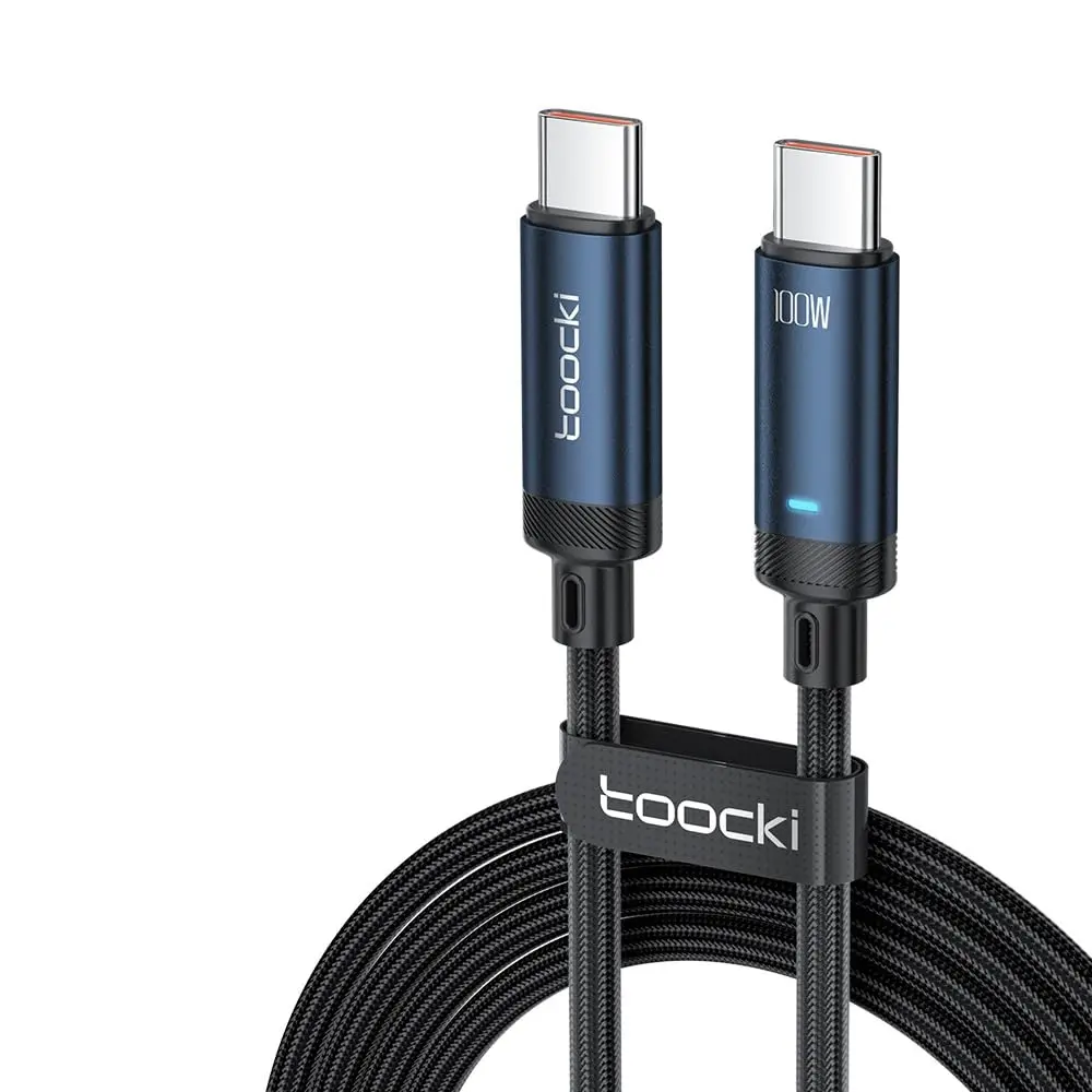 Cabo USB C Toocki Blade 100W 6A com Indicador de Carga (Azul, 2 Metros) | Compatível Android, MacBook, iPhone 15 | Alumínio e nylon trançado | 480Mbps | Proteção contra curto-circuito | Azul, 1 metro