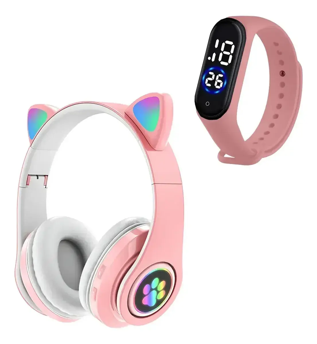 Fone Ouvido Gatinho Bluetooth Adulto Crianças + Relógio Led Fone Gatinho Rosa - 1
