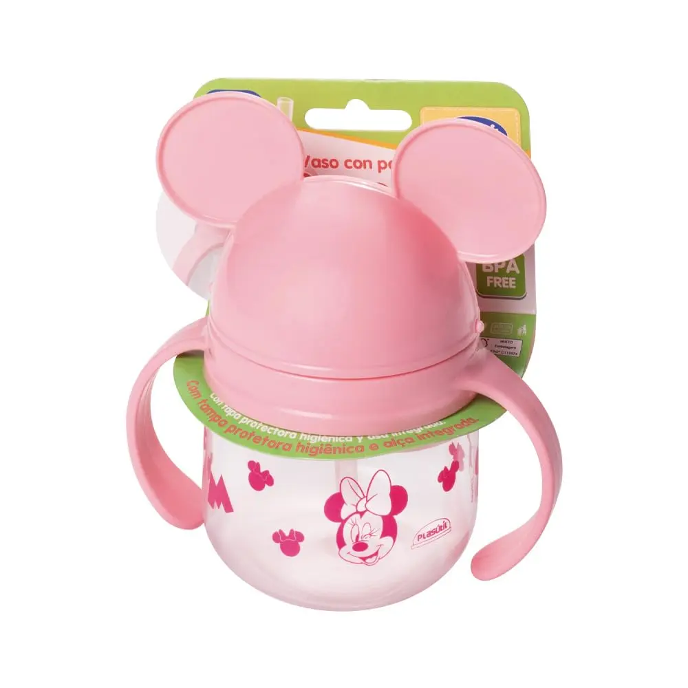 Caneca Treinamento com Canudo de Silicone Retrátil Minnie Rosa 260 ml Plasútil