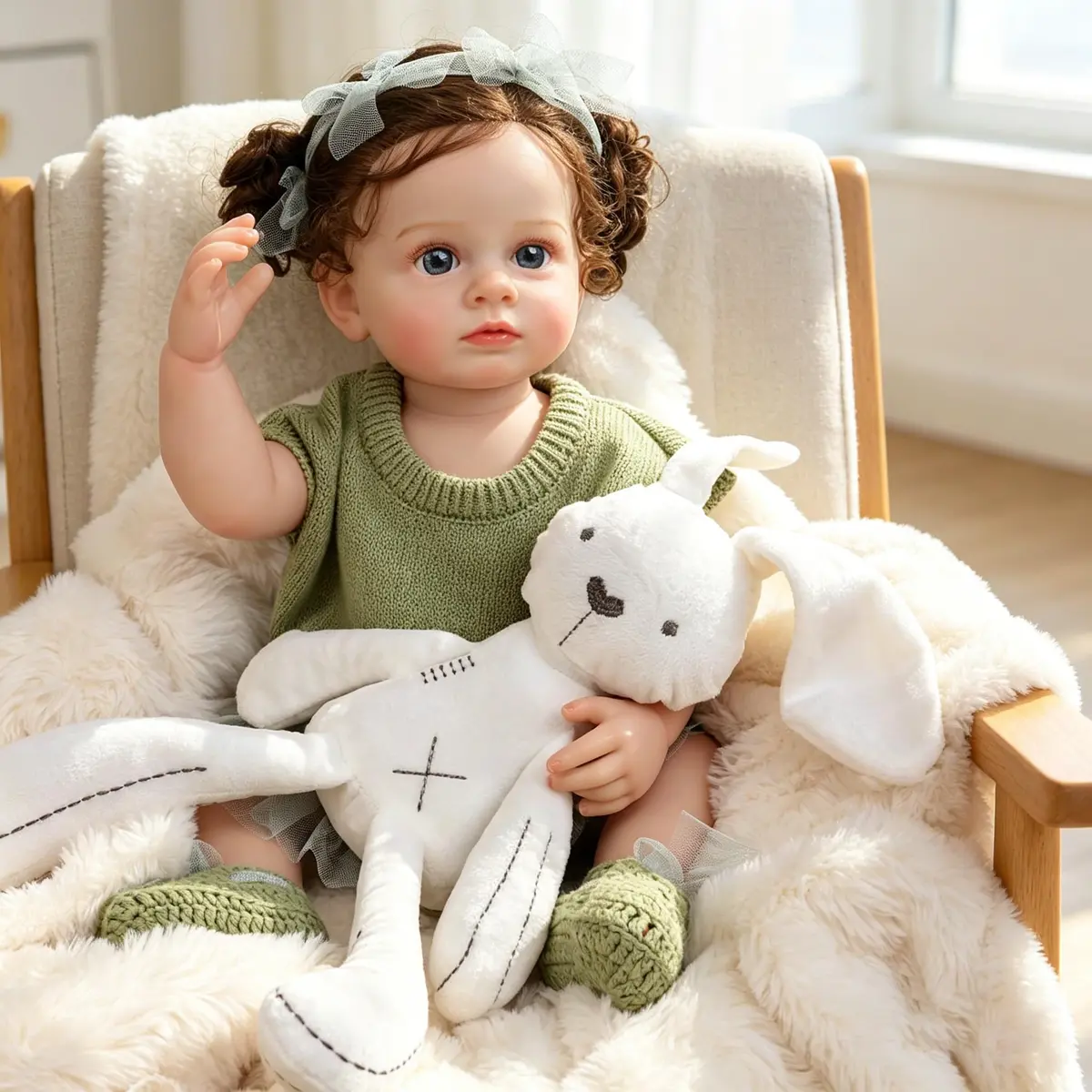 Bebê Reborn Boneca Realista Corpo de Silicone Menina Coelho 55cm Olhos Azuis (Suéter Verde)