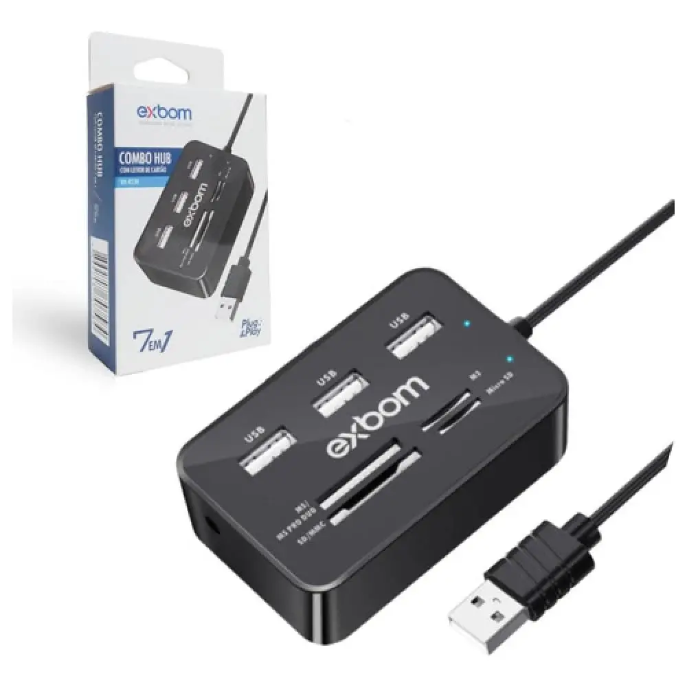 HUB 7 em 1 com 3 Portas USB 2.0 Extensor e Leitor de Cartão de Memória MS/MS PRO DUO/SD/MMC/Micro SD / M2 EXBOM UH-R230 - 1
