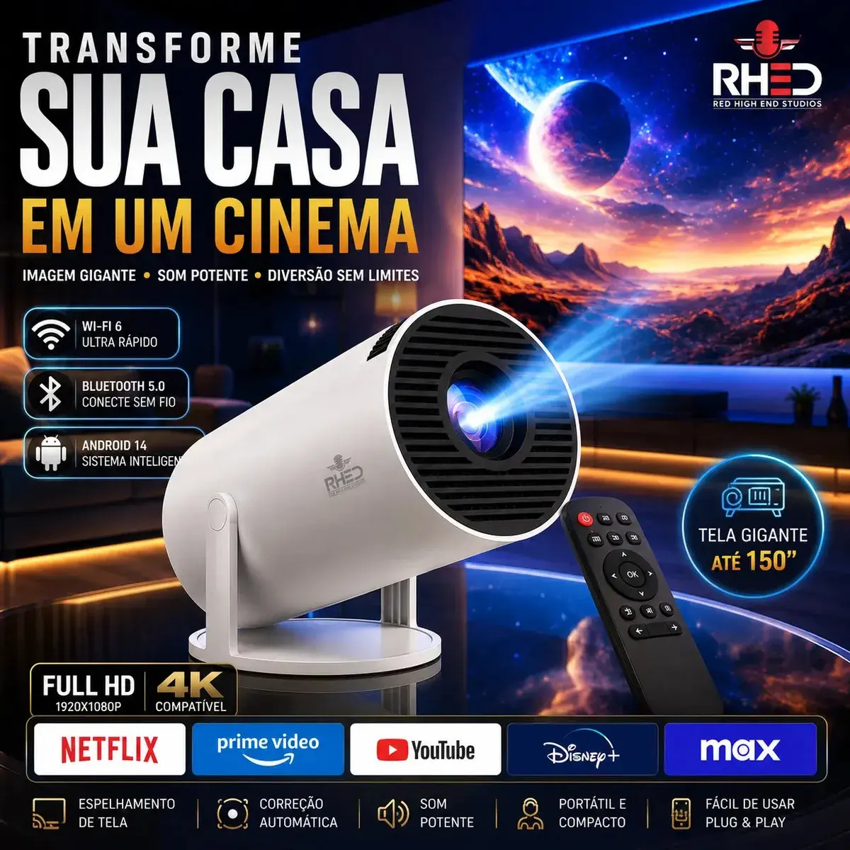 Projetor Smart Portátil Full Hd 4k Android 11 Wi-fi Bluetooth Mini Projetor Home Theater Cinema Em Casa Imagem Nítida Som Potente Compatível Com Diversos Dispositivos Branco 127/220 - 1
