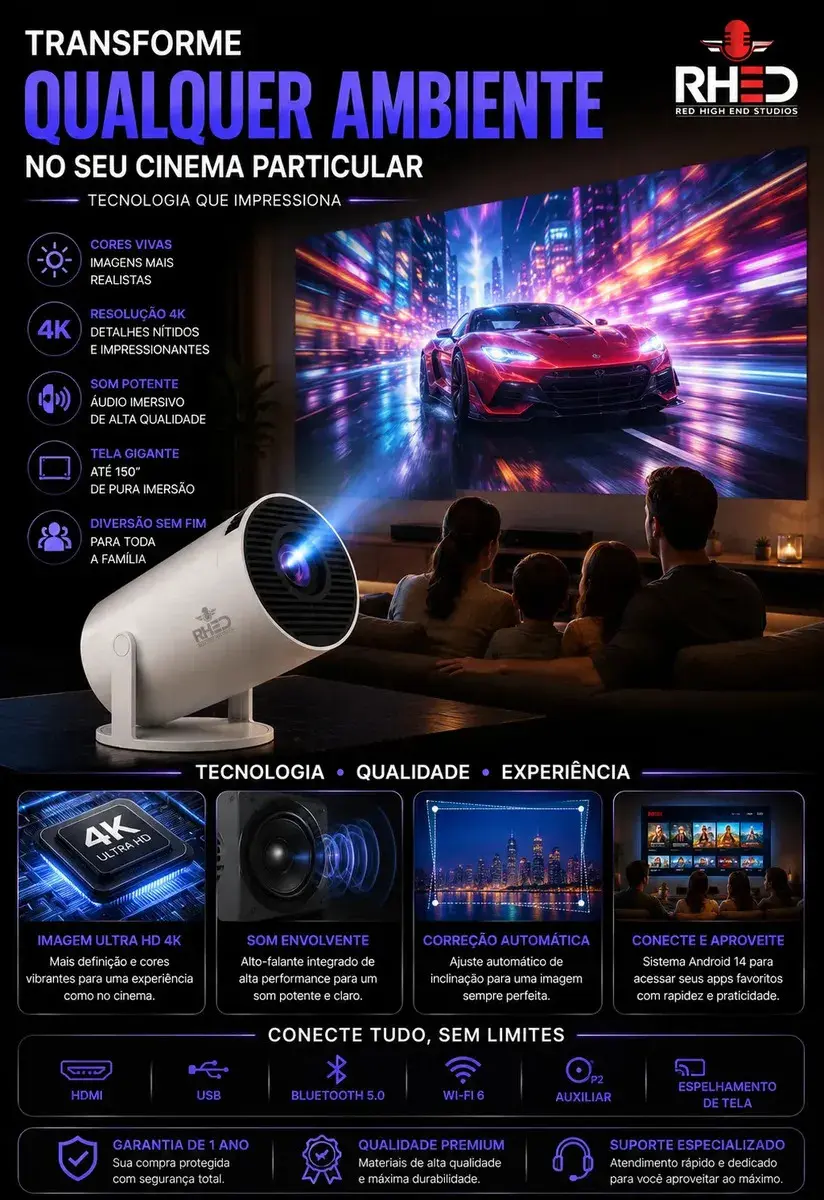 Projetor Smart Portátil Full Hd 4k Android 11 Wi-fi Bluetooth Mini Projetor Home Theater Cinema Em Casa Imagem Nítida Som Potente Compatível Com Diversos Dispositivos Branco 127/220 thumbnail 5