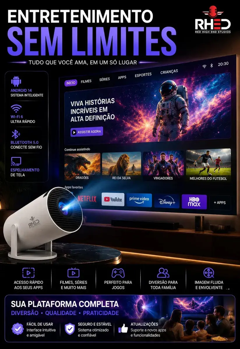 Projetor Smart Portátil Full Hd 4k Android 11 Wi-fi Bluetooth Mini Projetor Home Theater Cinema Em Casa Imagem Nítida Som Potente Compatível Com Diversos Dispositivos Branco 127/220 thumbnail 6
