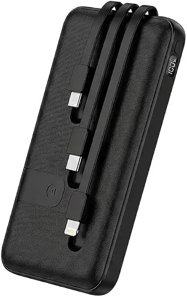 Power Bank 10000mAh Carregador Portátil com Cabos Integrados USB-C 8 Pinos e USB-A, Display Digital LED, Carga Rápida 22,5W PD QC, Bateria Externa Slim para iPhone Android Tablet