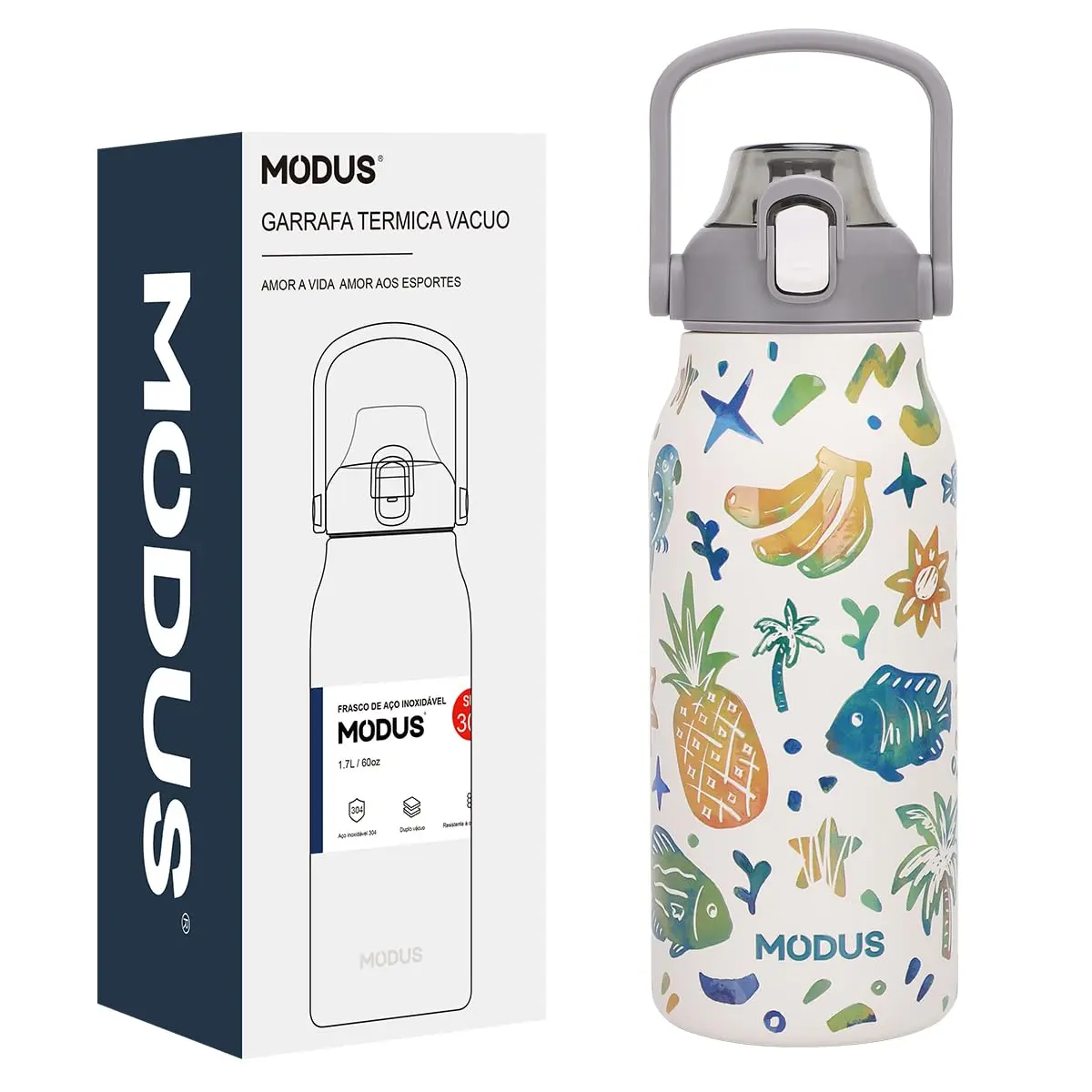 Garrafa Térmica de Aço Inox Dupla Parede 1,7 Litro Isolamento Vácuo | Design com Estampa 3D em Relevo (Branco Frutas Tropicais)