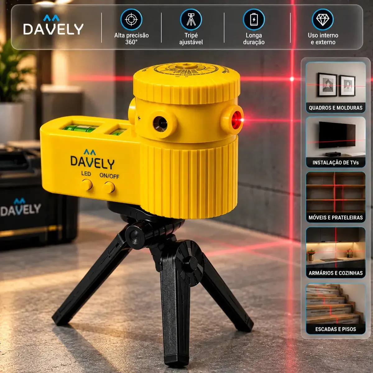 Nivelador A Laser Digital Nível Profissional Com Tripé Ajustável 360° Alinhamento Profissional Multifuncional Linhas Horizontal Vertical Obras Reformas Quadros TV's Davely