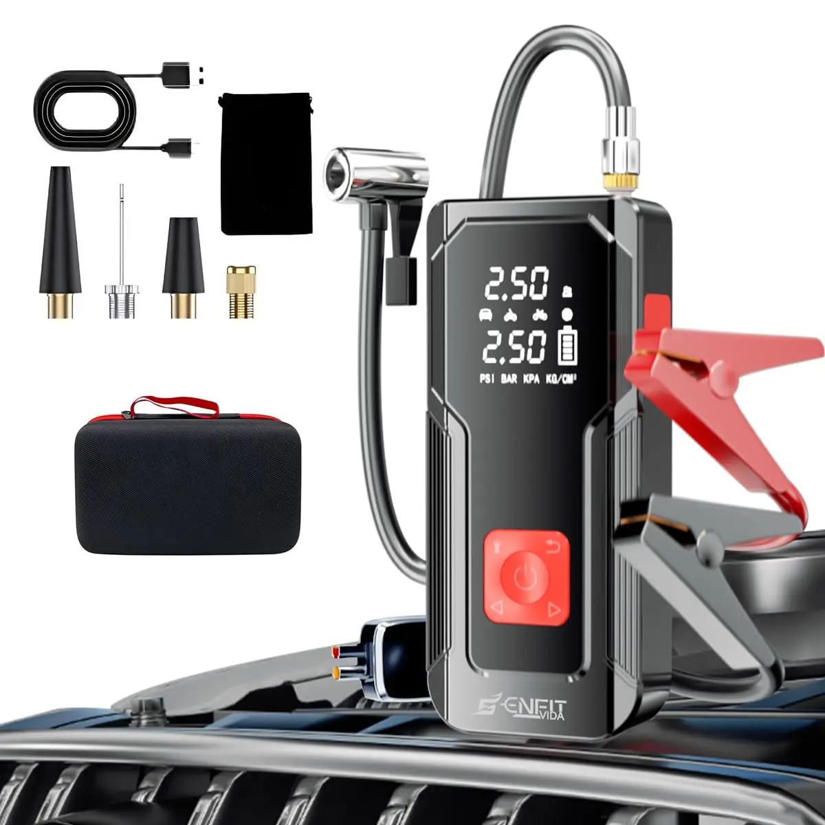 Auxiliar de Partida Veicular Portátil 1500A 4 em 1, Compressor de Ar 150PSI, Power Bank 10000mAh com Carregamento Bidirecional, Lanterna LED e Display Digital para Carros Motos Bicicletas e Bolas - 1