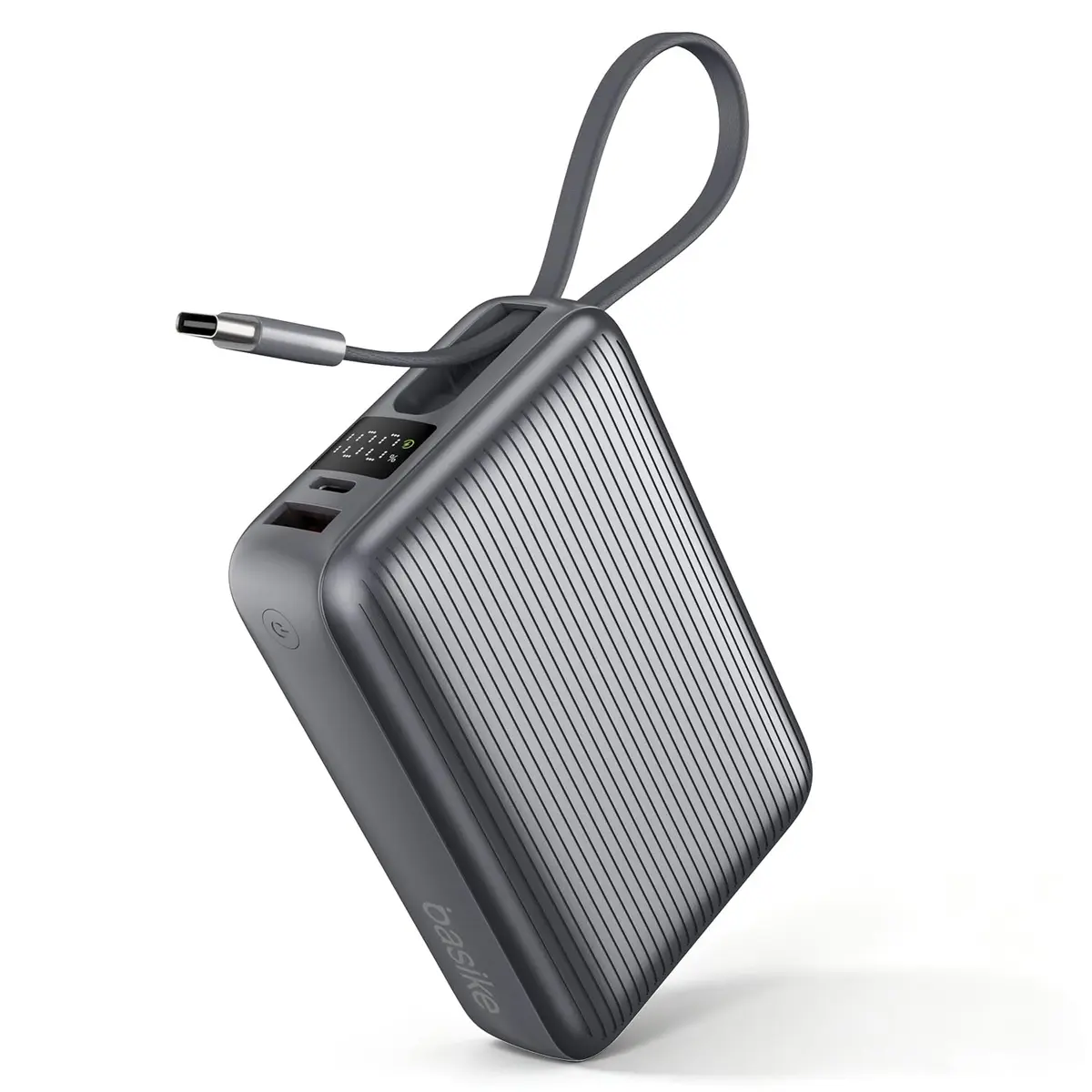 Basike Power Bank 20000mAh 45W, Cabo USB-C Integrado, Compacto, Cinza | Carregador Portátil, 3-Saídas, Bateria Externa de Carregamento Rápido PPS/PD/QC para iPhone Séries 16-13, Samsung S25-21 - 1
