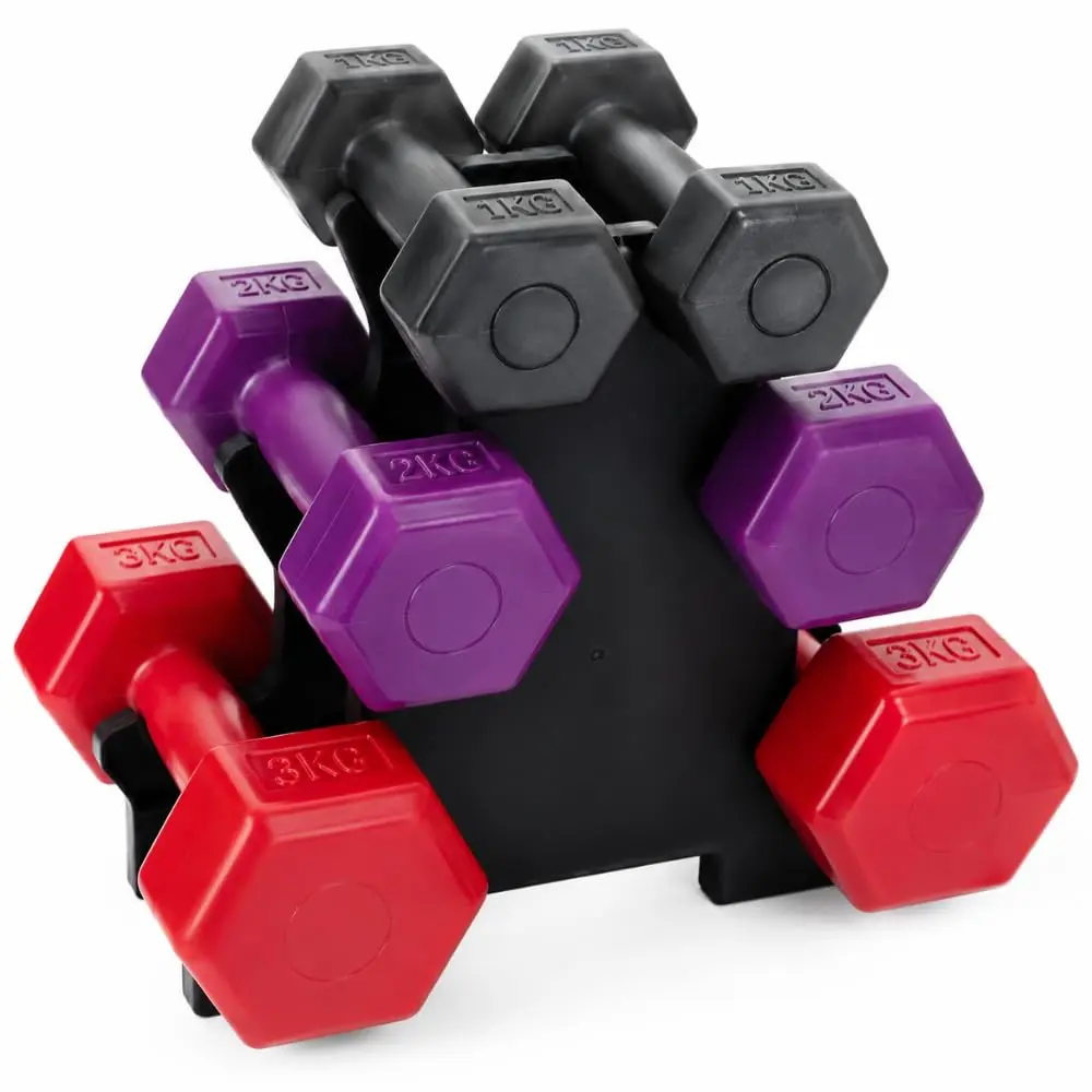Kit de Halteres com Suporte, 3 Pares, Carga Total 12 kg | 1, 2 e 3 kg, Pesos Sextavados para Musculação, Academia em Casa, Treino de Força, Resistência e Exercícios Funcionais
