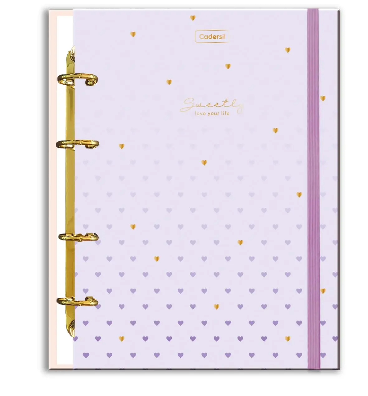 Caderno Colegial Criativo Cadersil Argolado com Elástico Estampa Sweetly – 80 Folhas – Capa Dura Com Fichário Interno – Ideal para Escola ou Organização Pessoal.