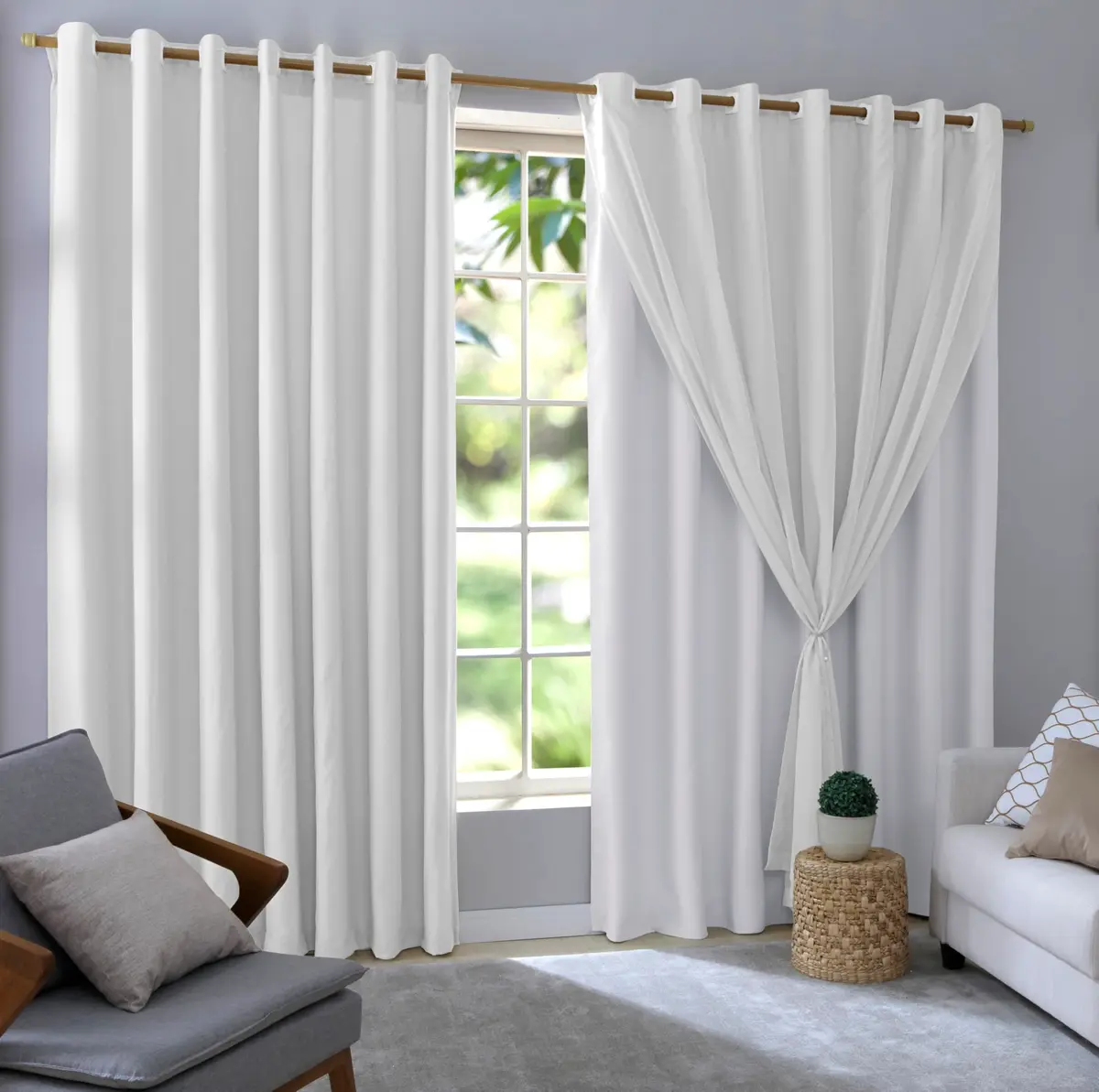 Cortina Blackout 100% Com Voil 2,80m x 2,30m Quarto/Sala/Casa Corta Luz em Tecido com Ilhós Blecaute (Branco)