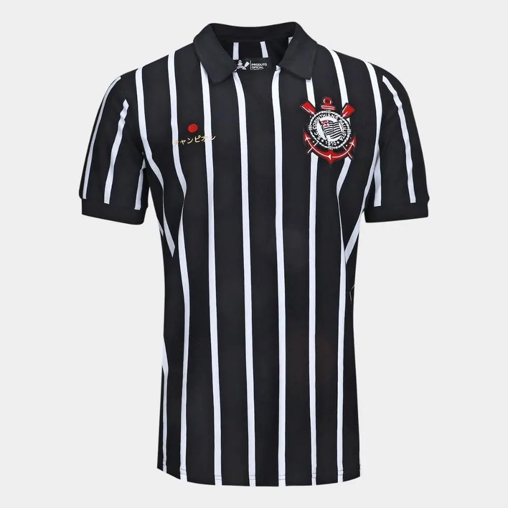 Camiseta Retrô Japão Corinthians Coimbra, gola polo listrada