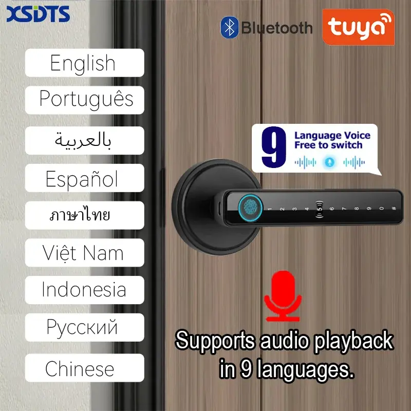 Fechadura Digital Inteligente Tuya com Impressão Digital e Cartão, Teclado de Entrada Eletrônica para Casa, Reprodução de Áudio em 9 Idiomas