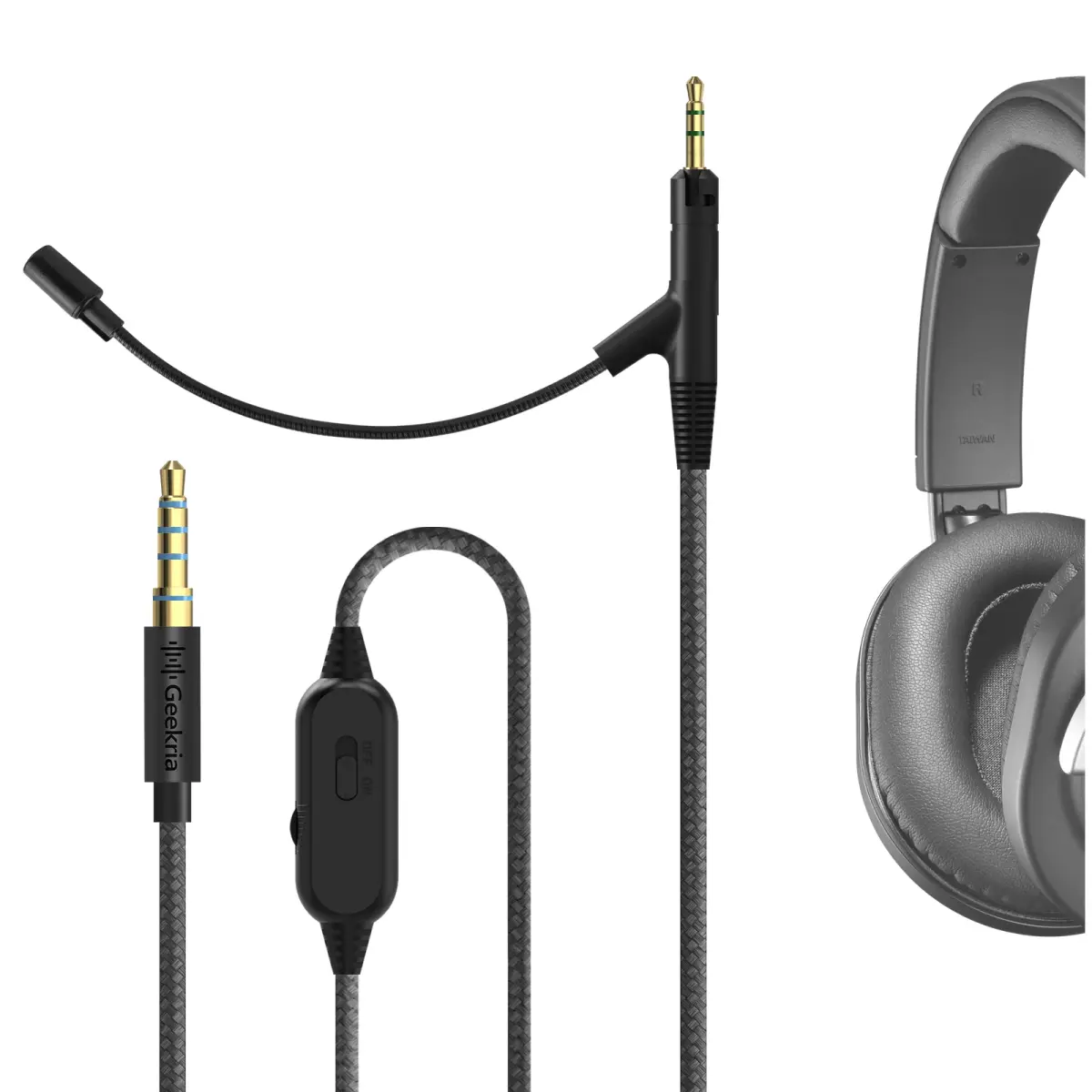 Cabo de microfone Geekria Boom para ATH M50x M60x M70x, 2,5 mm para 3,5 mm, cabo de substituição para jogos com controlo de volume e função de silenciamento para jogadores de PC.