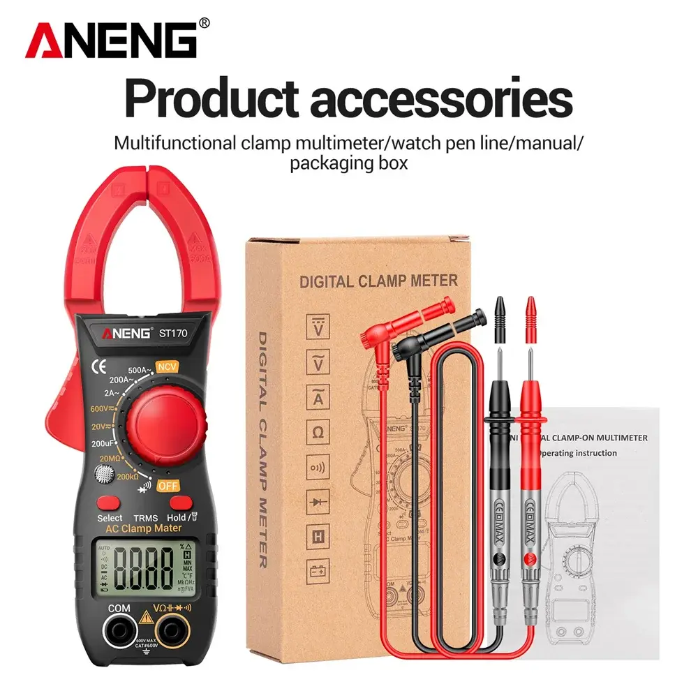 Multímetro Digital de Pinça ANENG ST170 com 1999 Contagens, NCV, Corrente AC/DC, Tensão, Frequência (Hz), Capacitância, Ohm e Testador Automotivo de Amperagem - 1