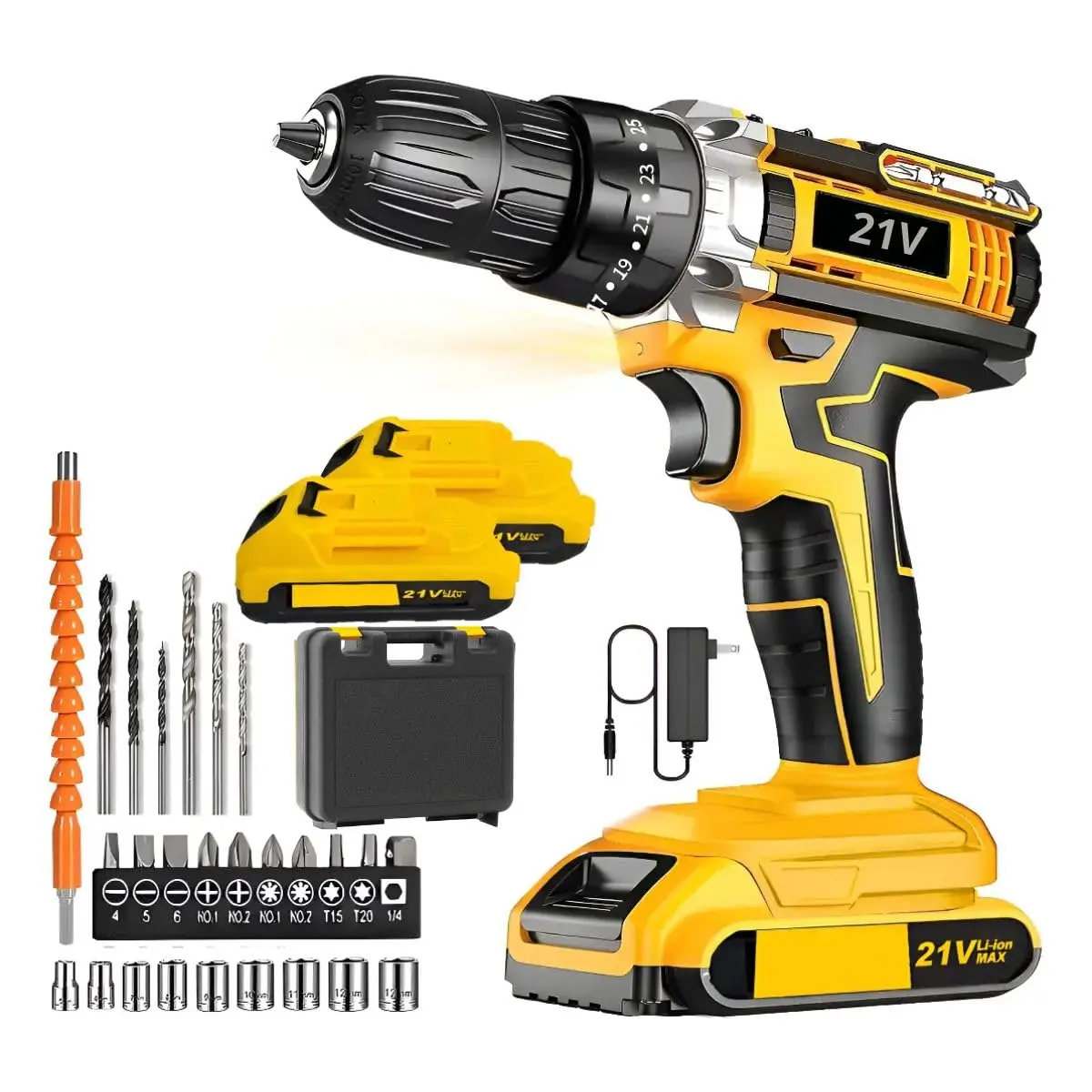 Parafusadeira Furadeira Sem Fio 21V com 2 Baterias de Lítio Recarregáveis Maleta Completa Kit Brocas Bits Soquetes Extensor Flexível Mandril de Aperto Rápido LED Reversão Controle de Torque