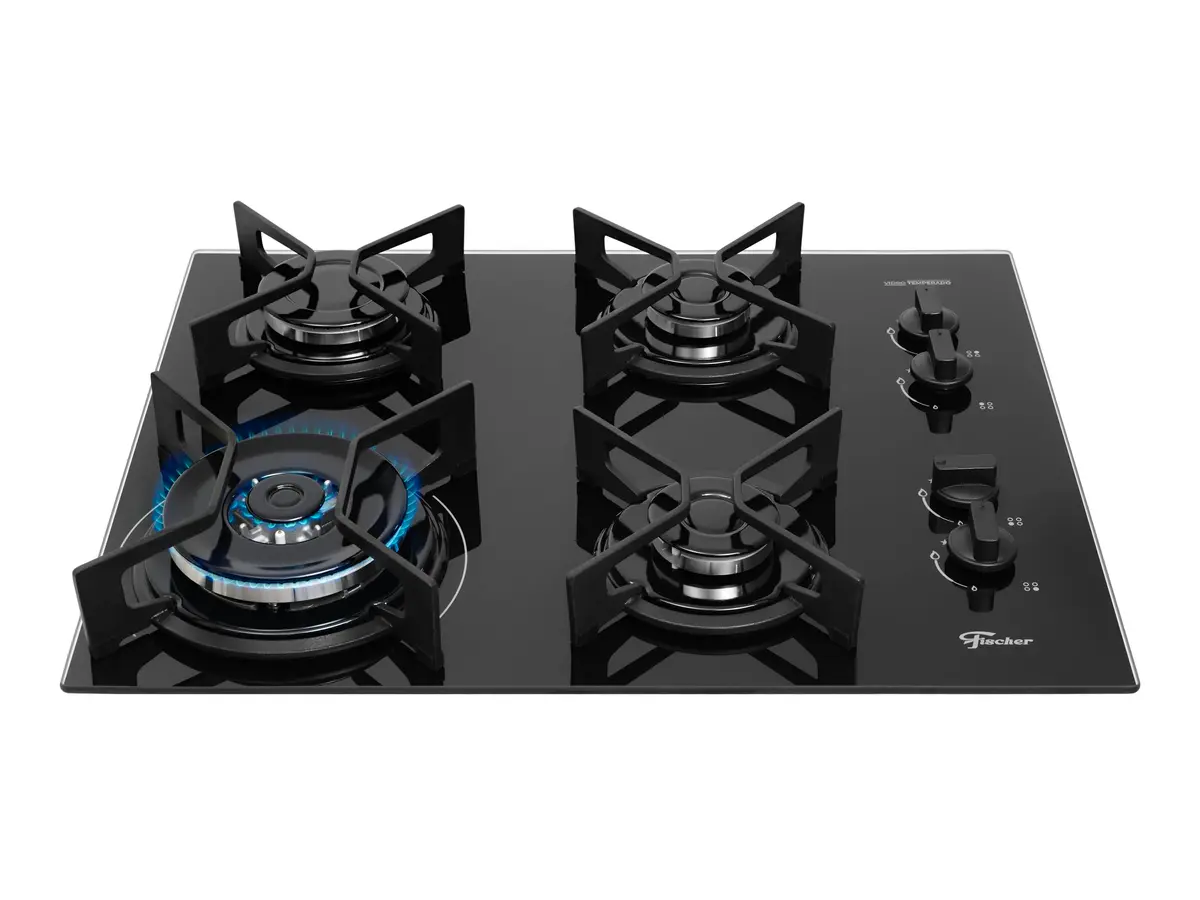 Fischer Cooktop à Gás 4 Bocas Tripla Chama Fit Line Trempe Iron Mesa Vidro Preto Bivolt 36330-102673