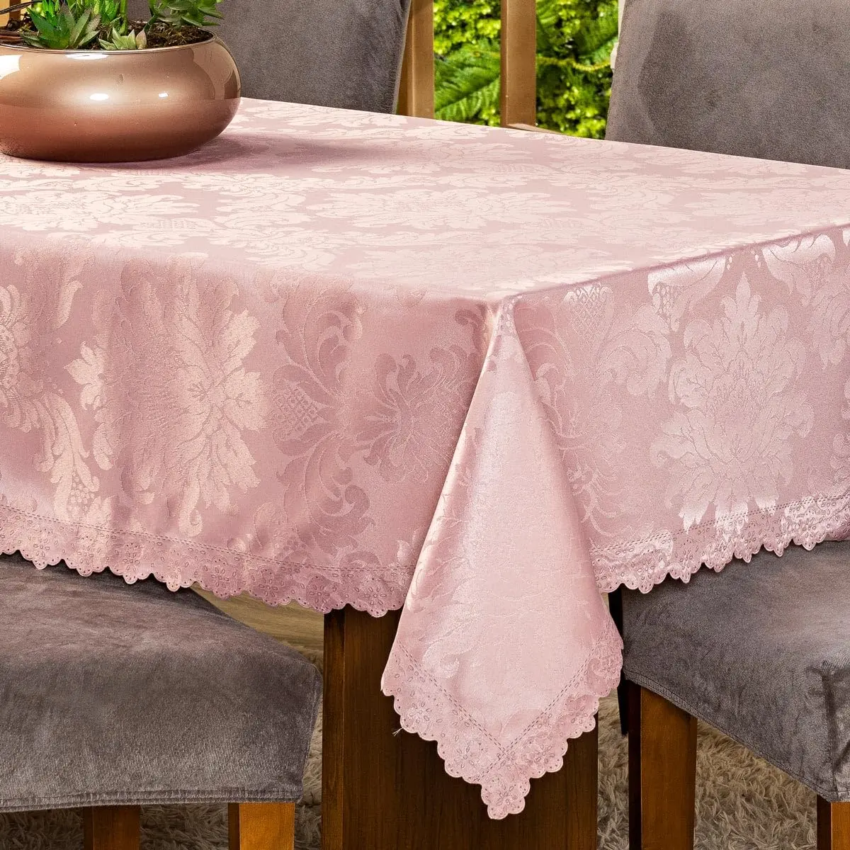 Toalha de Mesa Retangular para 8 Lugares Avulsa Jacquard Medalhão 2,50m x 1,40m - Decoração Cozinha Moderna Luxo Desenho Alto Relevo Brilhante (Rosê)