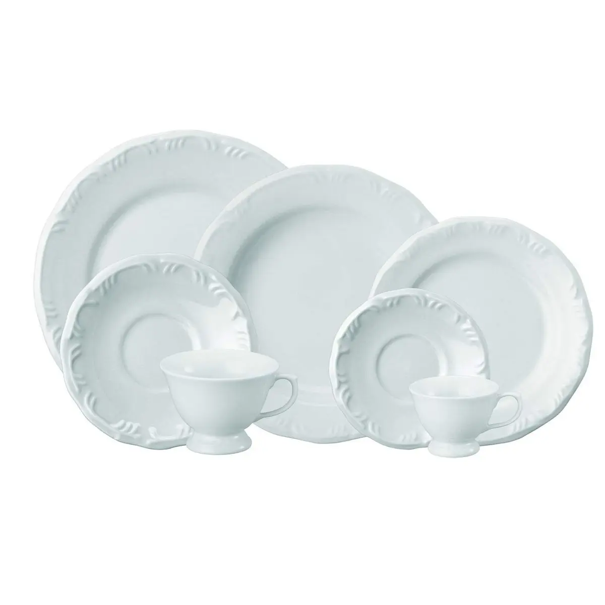 Serviço de Jantar Chá Café 42 peças em Porcelana. Modelo Redondo com Relevo Pomerode. Branca. Fabricado pela Schmidt.