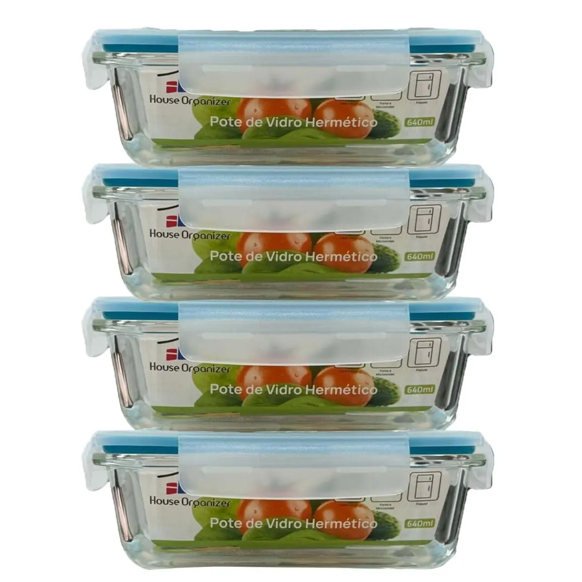 House Organizer Conjunto 4 Potes de Vidro Retangular com Tampa Hermética 640ml Cor:Azul - 1