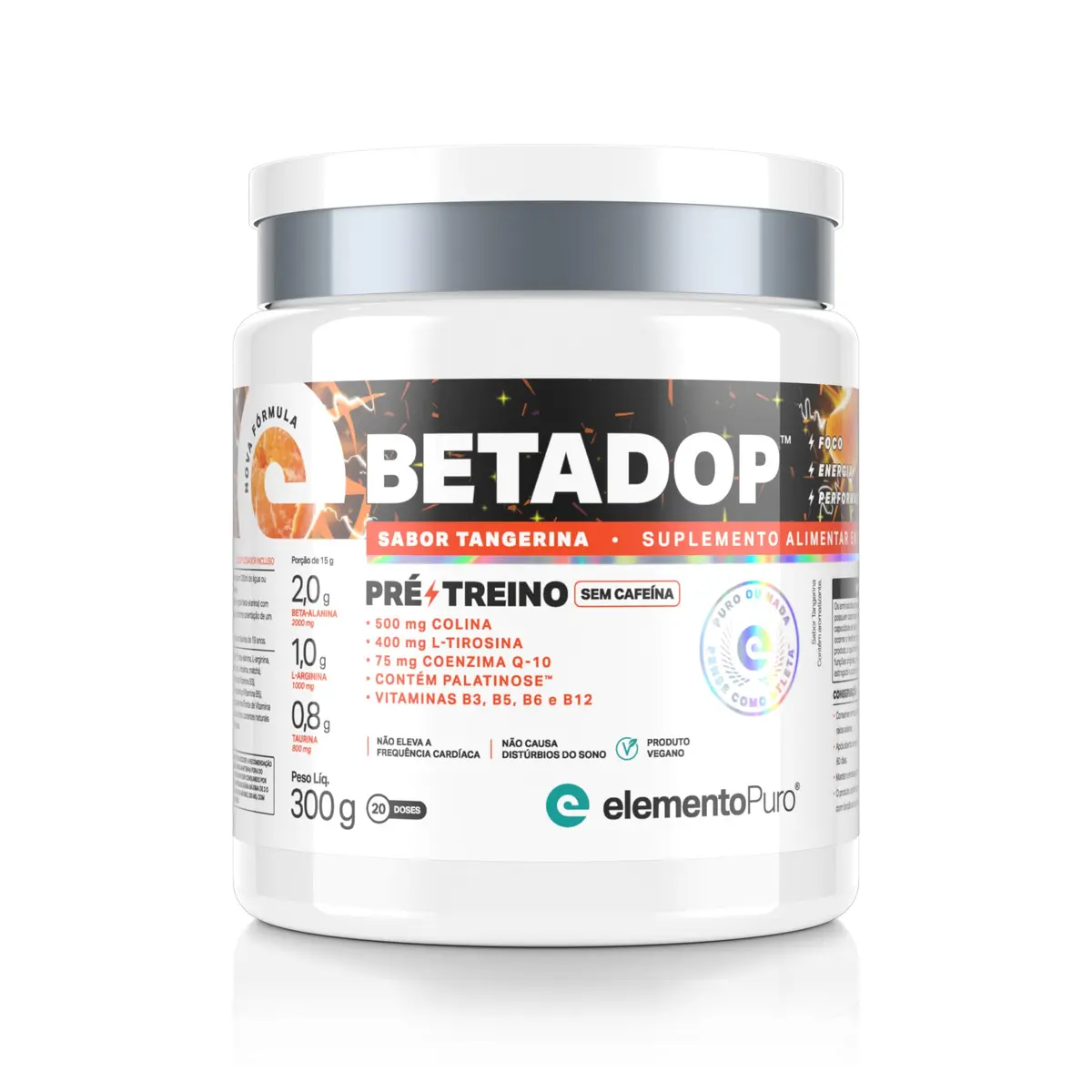 Pré-Treino BETADOP Tangerina 300g Sem Cafeína Suplemento Alimentar - elementoPuro