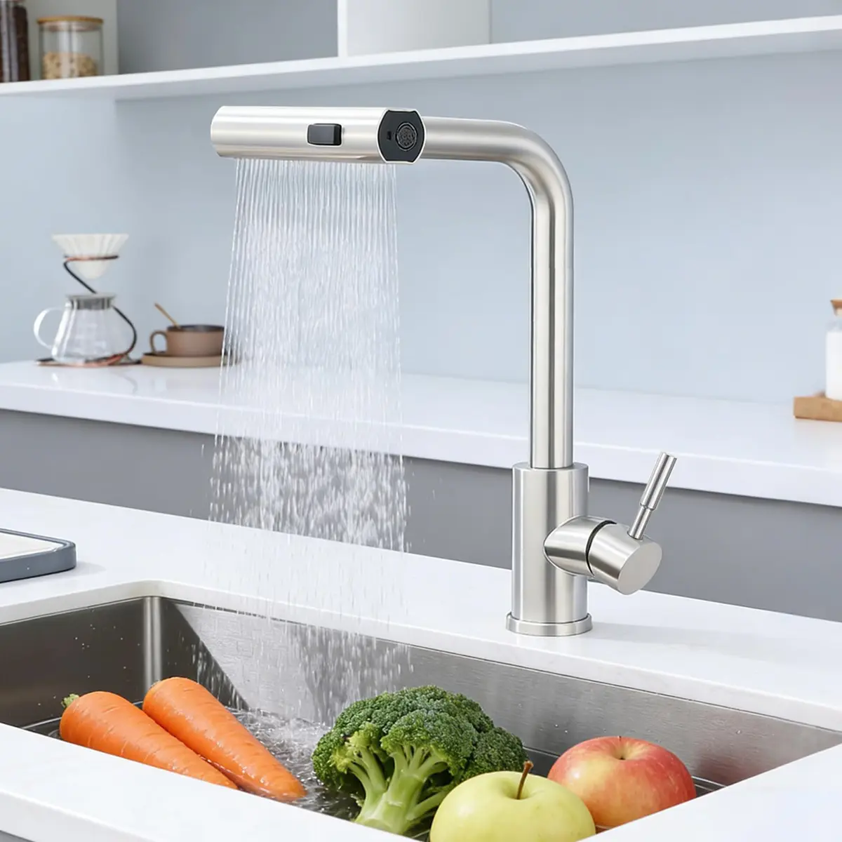 Torneira Cozinha Gourmet Misturador Monocomando Extensível, Torneira De Cozinha Gourmet 304 Aço Inox Com Ducha Spray de 3 Modos