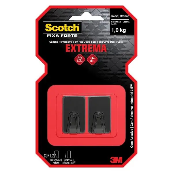 Scotch 3M Gancho Extrema Fixa Forte Fixação Permanente Médio Preto 2 Un. | Suporta Até 1 kg, Sem Furos ou Pregos na Parede, Ideal para Organizar e Pendurar Objetos, Instalação Rápida