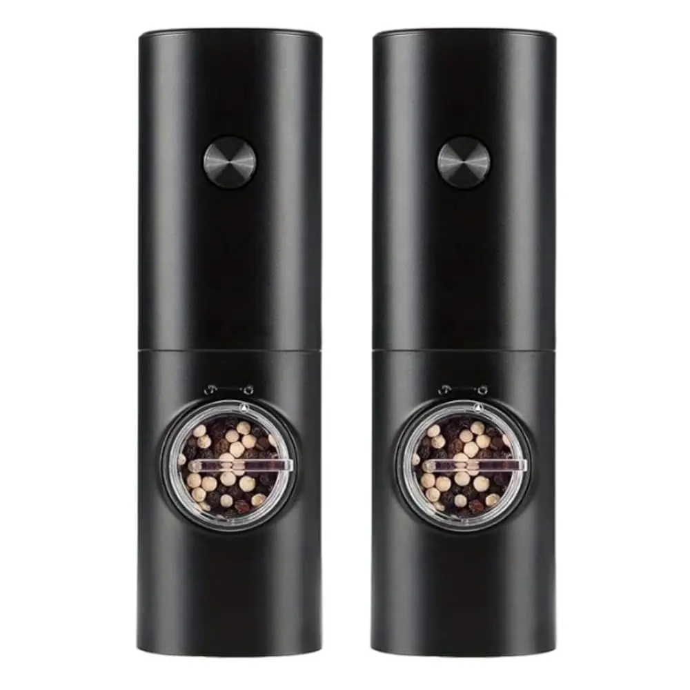 Kit 2 Moedores Elétricos Pretos Premium para Sal Grosso Pimenta do Reino Temperos e Especiarias Automáticos com Luz LED à Pilha e Reservatório de 70mL - Ideal para Cozinha e Churrasco (Pacote com 2)