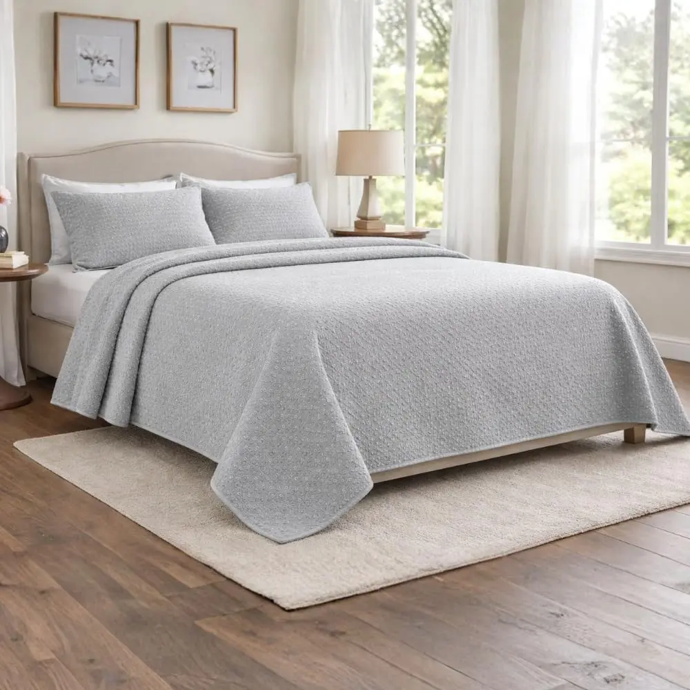 Colcha Queen Piquet Cobre Leito Tecido Algodão Luxo Conforto Toque Macio Leve Roupa Cama Queen Elegância, Praticidade e Decoração para Quarto (Cinza) - 1